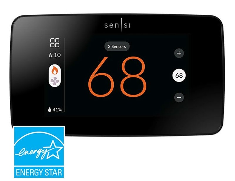 The Emerson Sensi Touch 2 smart thermometer, reading 68 degrees at 6:10 with 41 percent humidity.