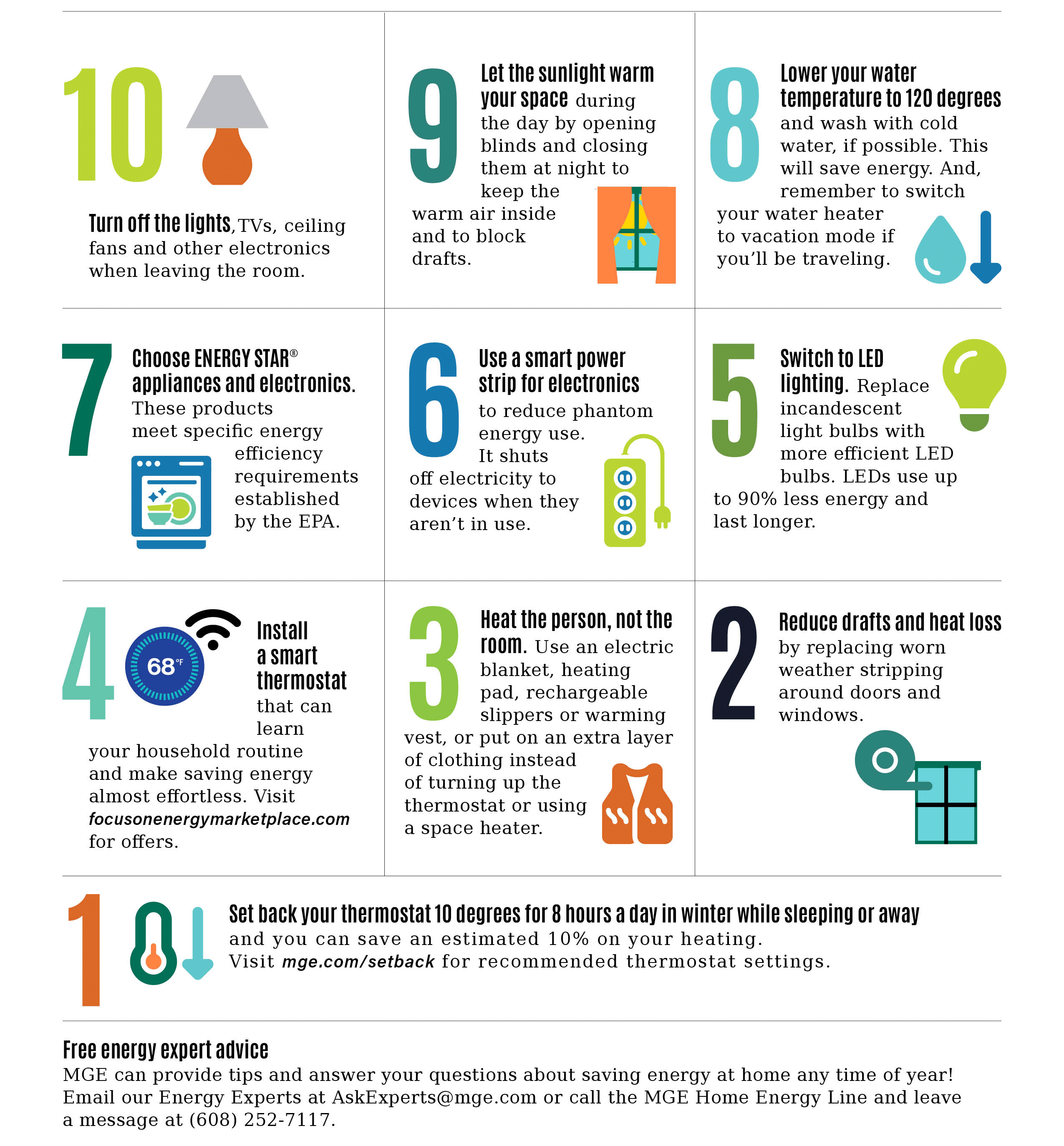 This image shows ten ways to save energy in the New Year, counting down from 10 to 1 with icons and text.