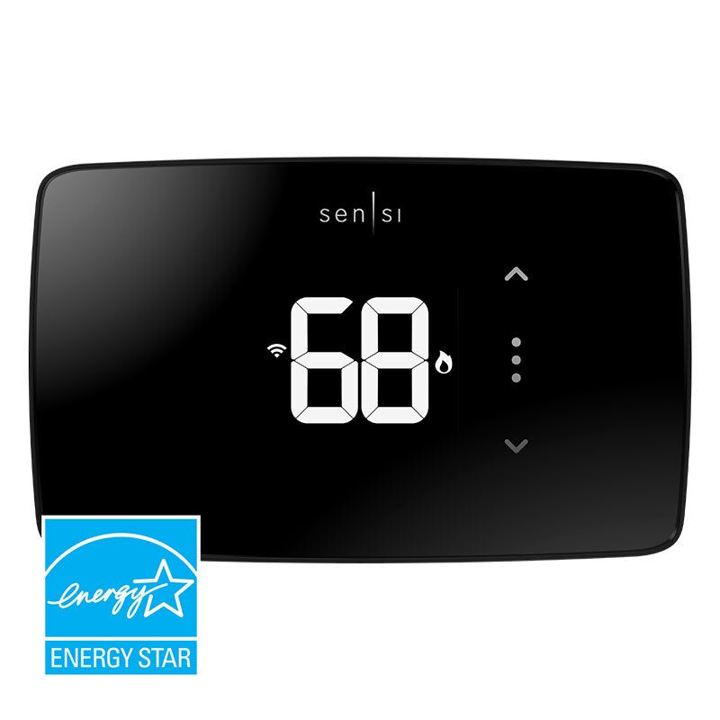 A closeup of a black Emerson Sensi Lite smart thermostat with the blue ENERGY STAR logo in the lower lefthand corner.
