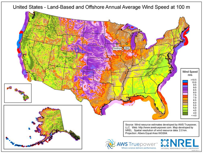 land based offshore annual average wind speed